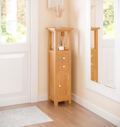 Image of Hallowood Furniture Waverly Oak Open Top Tower Slim Storage Cabinet, Narrow Oak Bathroom Cabinet with 2 Drawers, Cupboard and Shelf, Display Cabinets for Hallway or Small Spaces