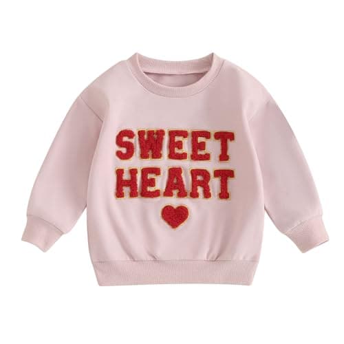 Image of XIXIMAON Toddler Kids Girl Valentines Jumper Top Long Sleeve Love Heart Letter Print Sweatshirt Sweet Cute Pullover Clothes (Light Pink, 12-18 Months)