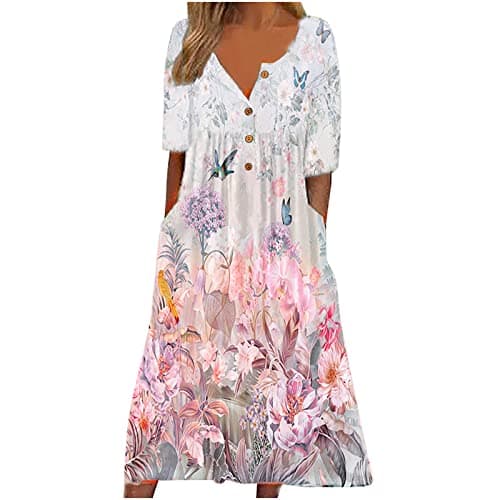Image of Zeiayuas Women Casual Elegant Dress Sale Summer Boho Midi Dress Vintage Floral Print V-Neck Half Sleeve Button Long Dress with Pocket Bohemian Loose Dress Cocktail Holiday Beach Dress Ladies UK