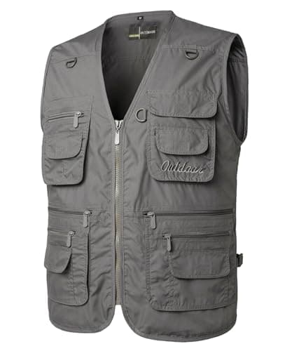 Image of Yukirtiq Men's Multi Pocket Fishing Vest Camping Outerwear Waistcoat Jacket Cotton Sleeveless Traveling Hiking Gilet Photography Top, Grey, L