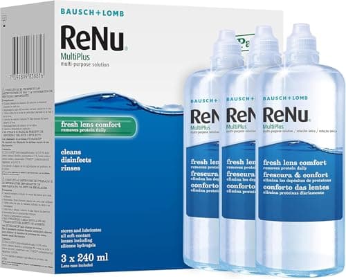 Image of ReNu MultiPlus Multi-Purpose Contact Lens Solution, 3 x 240ml, for Soft Contact Lenses, Moisturise, Remove Protein, Clean, Disinfect, Lubricate, Rinse and Store Your Lenses, Lens Case Included