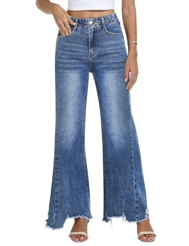 Image of Fengbay Flared Jeans for Women Stretchy Mid-Rise Bootcut Baggy Jeans with Trendy Frayed Hem and Pockets Dark Blue