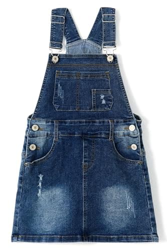 Image of KIDSCOOL SPACE Little Girls Skirt,Ripped Soft Strechy Denim Girls Summer Overalls Dress,Deep Blue,5-6 Years