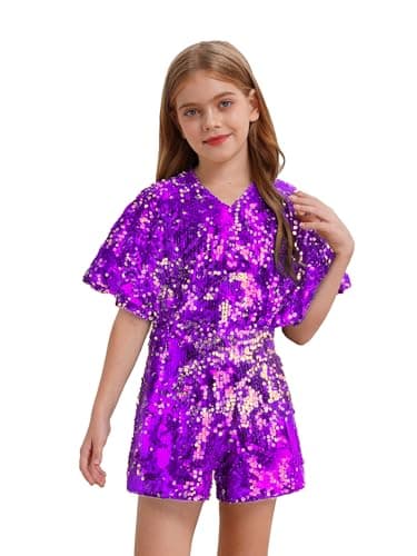 Image of Xnihocha Girls Sequin Jumpsuit Kids Cap Sleeve Short Sparkly Romper Disco Outfits One Piece Pants Suits Purple 5-6 Years