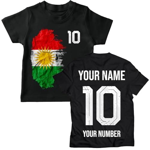 Image of lepni.me Kurdistan 2026 Personalised Kids' Football Fan Graphic Cotton T-Shirt, Custom Name and Number, Short Sleeve Supporters Top (14-15 Years Black Multi Color)