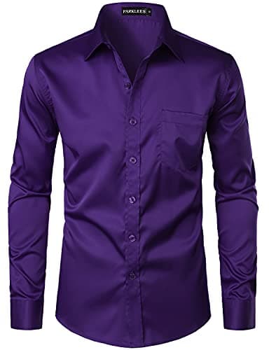 Image of PARKLEES Men's Urban Stylish Casual Business Slim Fit Long Sleeve Button Up Dress Shirt with Pocket Purple M