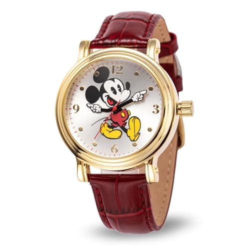 Image of Disney Mickey Watch - Watch for Women - Mickey Mouse Watches for Women - Toys - 90s Mouse - Vintage - 's Articulating Hands - Gold Case - Red Leather Strap