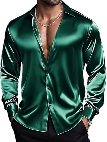 Image of Barry.Wang Men's Emerald Green Stretch Solid Shirts Satin Long Sleeve Button Down Dress Shirts Formal Casual Business Prom