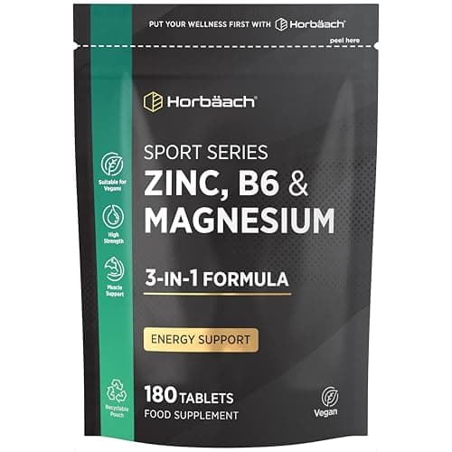 Image of Zinc, Magnesium with Vitamin B6 Tablets | 6 Month Supply | 100% NRV High Strength Muscle Support Supplement | 3-in-1 Complex | 180 Vegan Tablets | Sport Series By Horbaach
