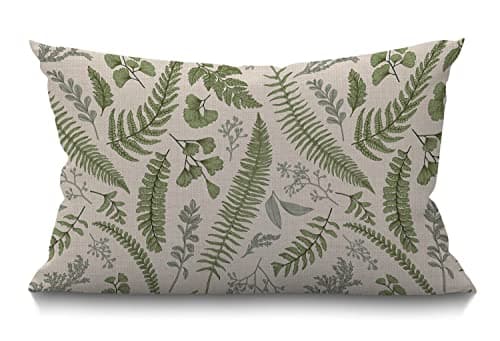 Image of Leaves Cushion Cover Outdoor Linen Pillowcase Green Leaves and Fern Pattern Throw Pillow Cover 30cm X 50cm Hippie Decorative Oblong Lumbar Pillow Case for Livingroom Sofa Bed ,30x50cm 12x20 Inch
