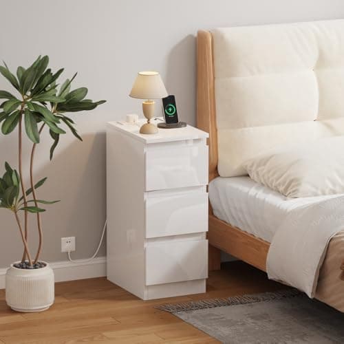 Image of Menaka 25CM Narrow Bedside Table Cabinet with Charging Station, Slim 3 Drawers Sofa Side Table Bed Nightstand with 2 USB Ports & Power Sockets for Bedroom Living Room