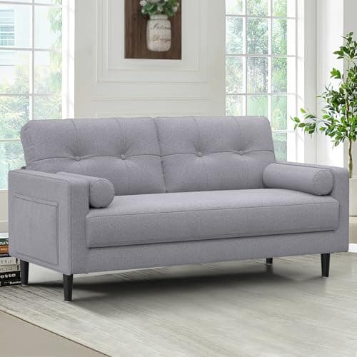 Image of Aotumm Ciort 2 Seater Sofa, Modern Sofa Couch with Thicken Cushions, 2 Pillows and 2 Pocket Storage, Comfy Linen Sofa for Living Room/Bedroom/Office, Easy Assembly Small 2 Seater Sofa (Ash grey)