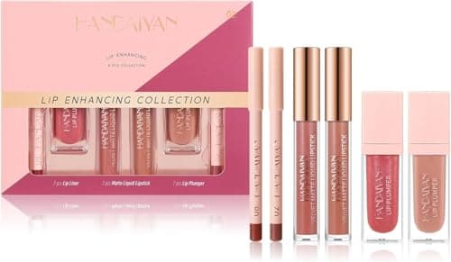 Image of 6PCS Lip Combo Set – Matte Liquid Lipstick, Lipliner & Lip Plumper Kit, Long-Lasting Moisturising Lipstick Makeup Gift Set for Fuller Lips, Nude & Pink Shades (# 02)