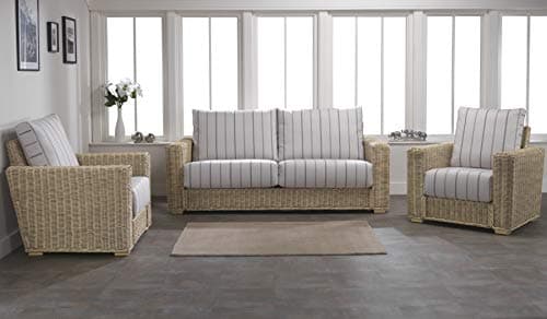 Image of Desser Burford Rattan Conservatory Furniture Set – 3 Seater Sofa & 2x Armchairs – Luxury Indoor Real Cane Wicker Chair & Settee Suite with UK Manufactured Cushions – Linen Taupe Fabric