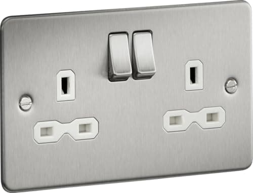 Image of Knightsbridge FPR9000BCW Flat Plate DP Switched Socket, Brushed Chrome with White Insert, 13 A, 2G