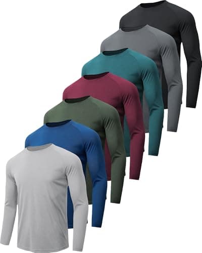 Image of miijoory Long Sleeve T Shirts for Men Breathabal Quick Dry Performance Sports Gym Tops UV Sun Protection Tee Shirts for Workout Running 7 Pack (L,Black,Blue,Dark Grey,Light Gray,Red,Army Green,Teal)