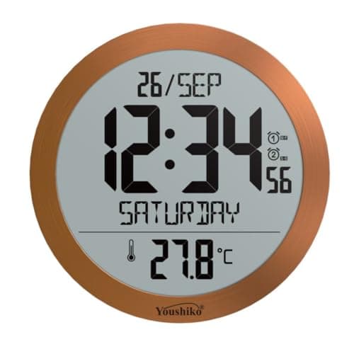 Image of Youshiko Jumbo Large Radio Controlled Wall Clock with Temperature Display, Large Round, Copper, UK & Ireland Version