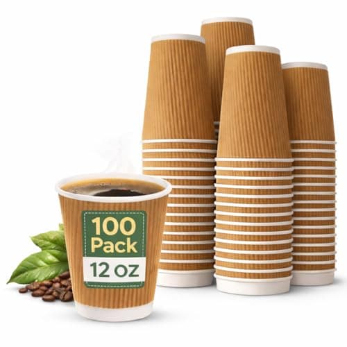Image of EarthDine 100 x Kraft 12 Ounce Ripple 3 Ply Disposable Insulated Paper Cups for Tea Coffee Cappuccino Hot Drinks, Brown