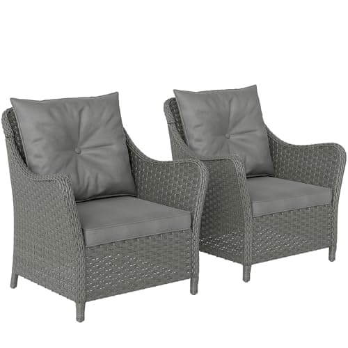 Image of Outsunny Rattan Garden Chairs Set of 2, Outdoor Rattan Chairs with Cushions, Armrests and High Back, PE Wicker Garden Armchair with Steel Frame for Balcony, Porch, Dark Grey