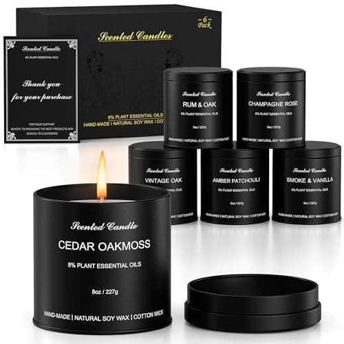 Image of Smoke&Vanilla/Rum&Oak Vintage Oak/Champagne Rose Amber Patchouli/Cedar OAKMOSSScented Candles Gift Set for Men | 6 Pack Soy Wax Candles with Matte Black Tins | Men‘s Aromatherapy