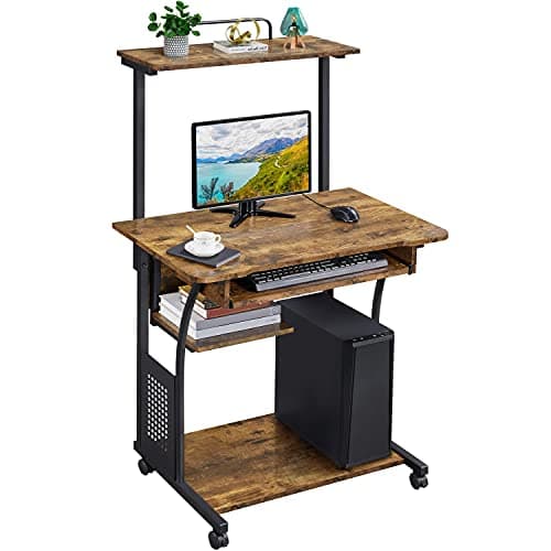 Image of Yaheetech 3 Tier Computer Desk with Printer Shelf and Keyboard Tray, Home Office Desk Computer Workstation Rolling Study Desk PC Laptop Table for Small Spaces Rustic Brown