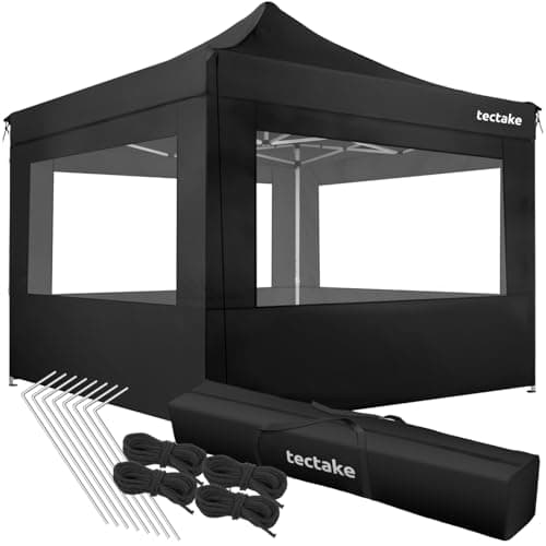Image of tectake® Folding Pop Up Gazebo - 3x3m, Aluminium Frame with Water-repellent Fabric, 4 Heights, Side Panels with Windows, Quick Setup, Incl. Tent Pegs - Ideal Marquee, Party Tent, BBQ Shelter - Black