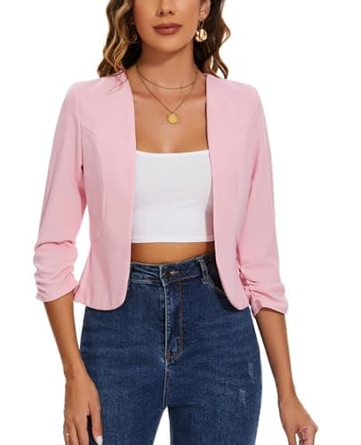Image of MINTLIMIT Womens Suits Blazers Cropped 3/4 Sleeve Jackets Elegant Linen Open Front Blazer (Pink,M)