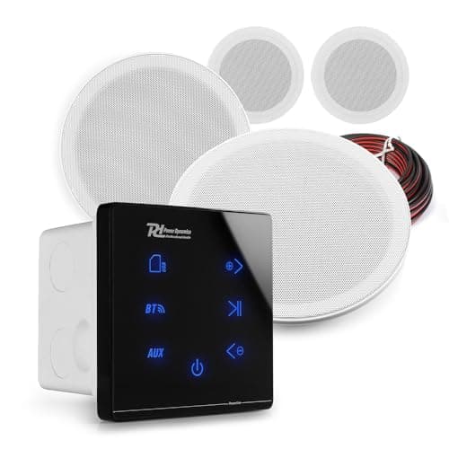 Image of Power Dynamics 4x MSLP65 Marine Ceiling Speakers With A100B Black Wall Amplifier - Bluetooth Weatherproof Outdoor Speaker System