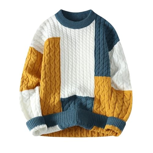 Image of GURUNVANI Mens Patchwork Sweater Colorblock Knit Jumper Vintage Cable Knitted Pullover Sweater, Blue, M