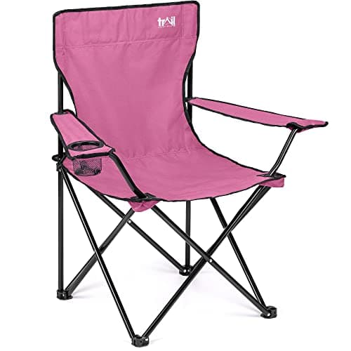 Image of Trail Folding Camping Chair, Lightweight Outdoor Chair with Cup Holder Armrest, Heavy Duty Tubular Steel Frame, Fast-Drying Polyester, Carry Bag, 100kg Capacity (Pink)