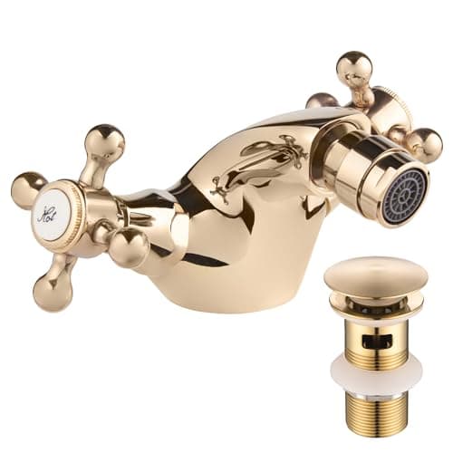 Image of Deva TUD114/501 Tudor Bidet Mixer Tap in Gold - with Pop Up Waste - Dual Cross Handle - Hot & Cold Taps - Victorian Era Deck Mounted Bathroom Basin Single Hole Brass Faucet - 12 Year Warranty