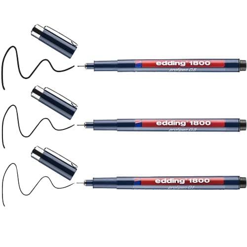 Image of edding 1800 profipen - black - 3 pens - various line widths - fineliner pen for precise writing, sketching and technical drawing - fine, metal-encased nib - suitable for use with rulers and stencils