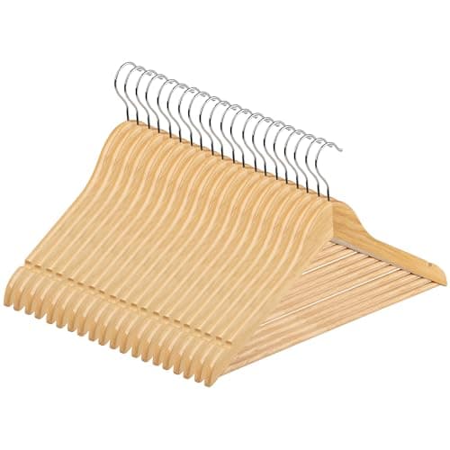 Image of Hardys Natural Wooden Coat Hangers - Sloped with Notches, Trouser Bar & 360° Rotating Hook - Wardrobe Space Savers, Hangers for Clothes - For Coat, Jacket, Suit, T Shirt (20 Pack)