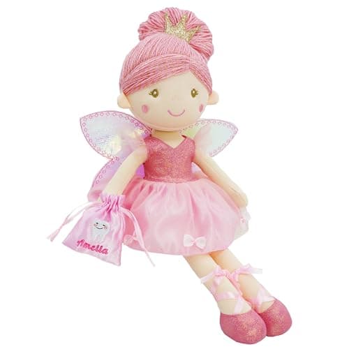 Image of Lullaberry Personalised Tooth Fairy Doll Anastasia - Soft Plush Doll with Pink Outfit, Shimmery Wings, and Embroidered Name Pouch for Girls for Kids