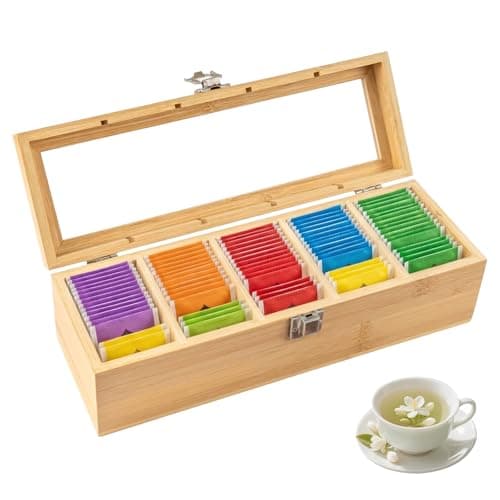 Image of EVERGOODS Bamboo Tea Box Tea Storage – 5 or 12 Compartments, Tea Bag Organizer, Spice & Coffee Storage Chest, Multipurpose Wooden Storage Box for Kitchen or Jewellery (5 Squares)