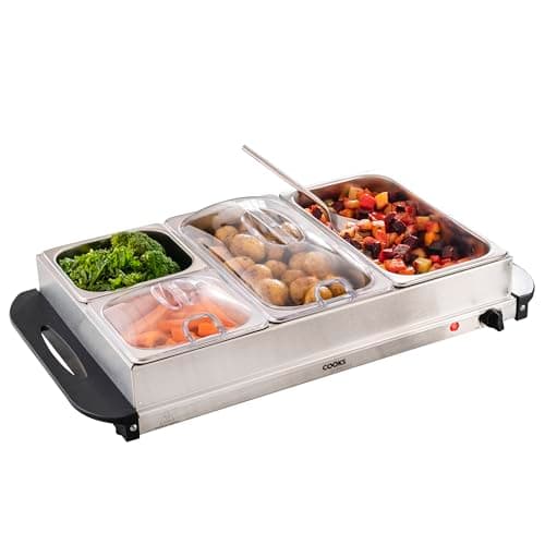 Image of Cooks Professional 4-Section Buffet Warmer 7.2 Litre Capacity with Hotplate Function & Adjustable Temperature Control Dial | 300W Portable Electric Food Serving Tray | Silver