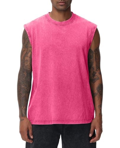 Image of SnowElve Mens Workout Tank Tops Sleeveless Tee Shirts Men Muscle Shirt Gym Acid Wash T Shirts Running Beach Loose Fit Tee, Pink, XXL