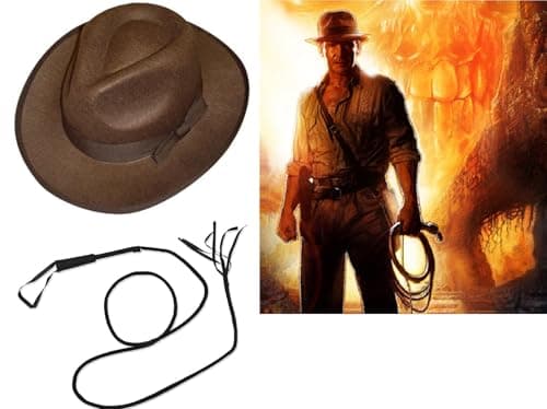 Image of Mega_Jumble Indiana Jones Style Brown Explorer Hat and Bull Whip Fancy Dress Accessories