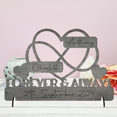 Image of Personalised Forever & Always Infinity Heart Sign Wedding Anniversary Sign - Customised with Couple's Names and Marriage Date - Gift for Him, Her, and Couples - 20cm x 13cm (Grey Wood Effect)