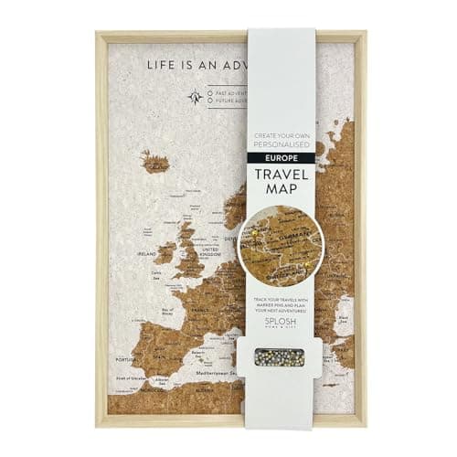 Image of Splosh Travel Map - White XL Desk Europe Map Pin Board, Wooden Frame Cork Board with 100 Pins in 3 Colours to Mark Your Past and Future Adventures 45 x 31cm Framed EU Maps for Wall Desks
