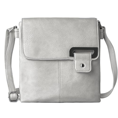 Image of Woodland Leathers Women's Cross Body Shoulder Messenger Bag, Multiple Slip and Zip Pockets Handbag with Storage Pocket (Silver Grey)