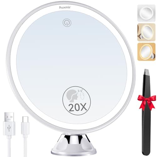 Image of Auxmir 20X Magnifying Mirror, Rechargeable LED Magnifying Mirror with Strong Locking Suction Cup, 360° Rotating 3 Light Colors Dimmable Touch Switch for Shaving Bathroom with Tweezer