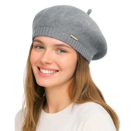 Image of Yanmucy Beret Hat Women Girl, Fluffy Knitted French Beret Warm Classic Beanie Hats Cap for Ladies Men Winter Autumn (UK, Alpha, One Size, Deep Grey)