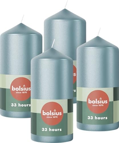 Image of Bolsius Pillar Candles - Metallic Blue - 4-Pack - 12 x 6 cm - Long Burning Time of 33 Hours - Decorative Household Candles - Unscented - Includes Natural Vegan Wax - Without Palm Oil