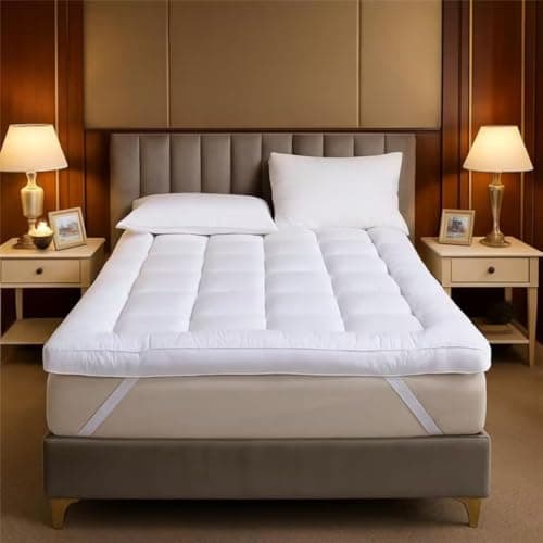 Image of 10cm Extra Thick Mattress Topper Double Bed - Box Stitched, Hotel Quality Quilted Toppers - Comfy Cloud Heavy Fill Back Support Pain Relief Fitted Bed Cover Strong Elastic Straps