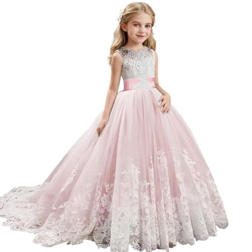 Image of Discoball Girls Princess Dress, Flower Bow Wedding Prom Bridesmaid Party Dresses for 6-15 Years Girl Floor Length Dress (UK,8-9 Years, Pink)