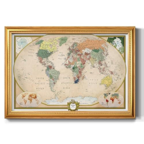 Image of Renditions Gallery Colorful World Map Canvas Wall Art with Vintage Gold Frame Wall Hanging Travel Map with Push Pins for Home, Office, Classroom