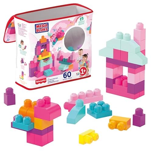 Image of MEGA BLOKS Big Building Bag building set with 60 big and colorful building blocks, and 1 storage bag, toy gift set for ages 1 and up, DCH54, Pink