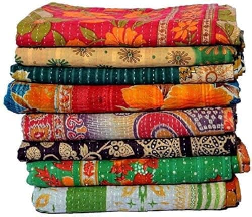 Image of Estationeryhouse Indian Vintage Kantha Quilt Handmade Throw Reversible Blanket Bedspread Cotton Fabric BOHEMIAN quilt (1)