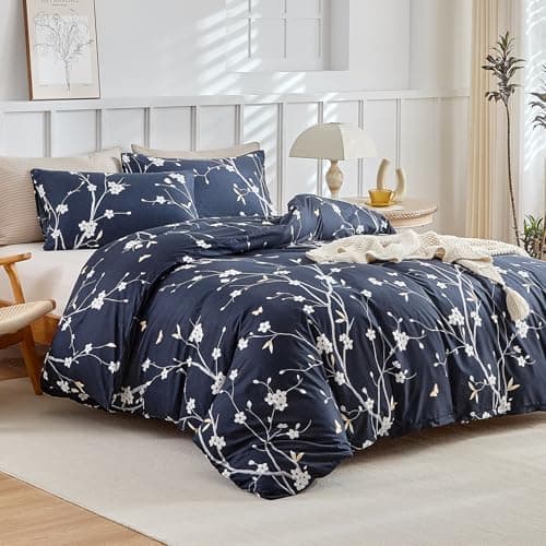 Image of Lekesky King Size Duvet Cover Sets Blue - Floral Bedding Sets Soft Microfiber, White Flowers on Blue Kingsize Duvet Cover Sets with 2 Pillowcases for King Bed 230x220 cm, Lightweight Duvet Sets Blue